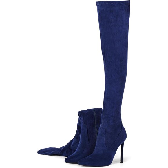 Women Navy Blue Suede Pointed Toe 4.3 inch Stilettos Thigh High Heels Boots - Picture 2 of 8